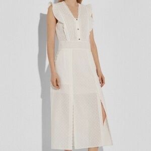 Coach Broderie Anglaise White Lace Button Front Maxi Dress